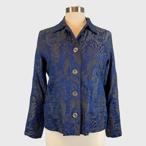 Chicos Womens Blue Floral Jacquard Blazer Jacket Pockets Button Up size Medium